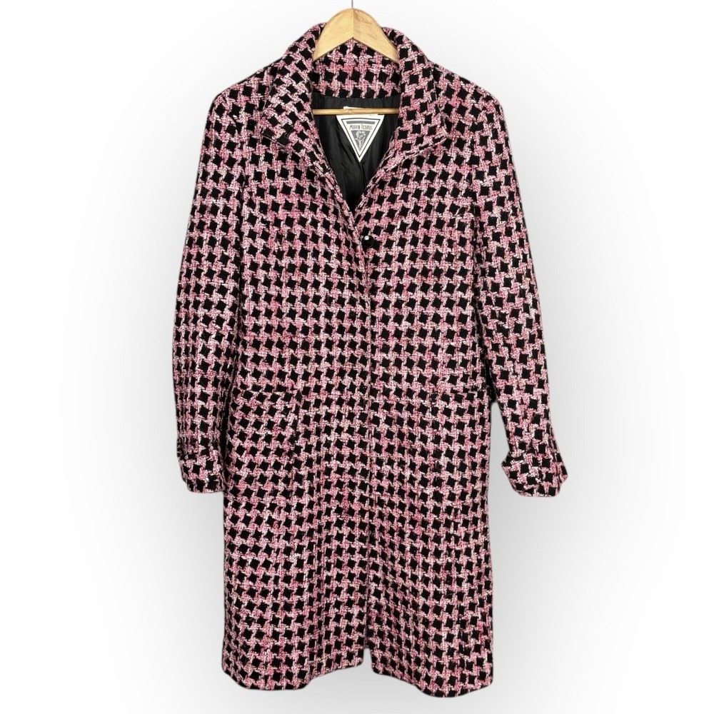 VTG Mervyn Young Pink Black Houndstooth Wool Blend Longline Coat Size M Mod Bold